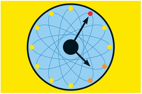 Illustration of a blue physics clock against a yellow background.