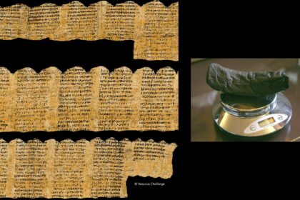 Left: Restored images of papyrus scrolls from Mount Vesuvius. Over 2,000 characters composing 15 lines of an ancient Greek scroll is now legible thanks to machine learning. Right: The scroll read by the winners.