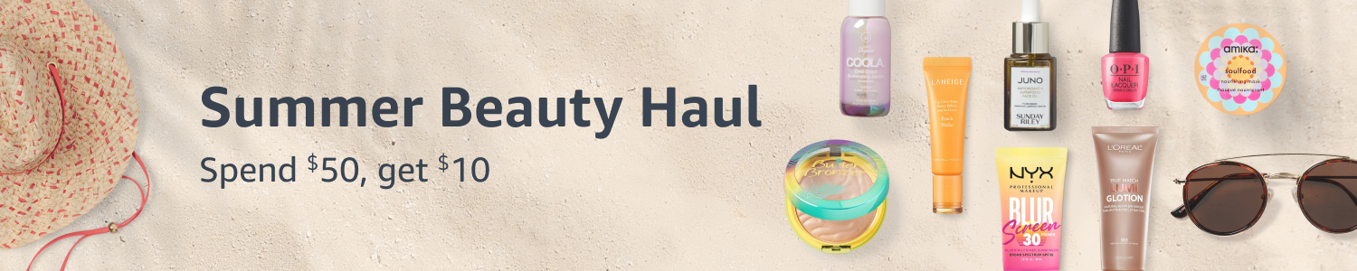 banner reads summer beauty haul, with an assortment of products from OPI, NYX and more on a sandy beach