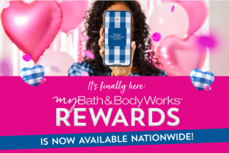 Screen shot showing woman holding up phone, screen shows bath and body works rewards program