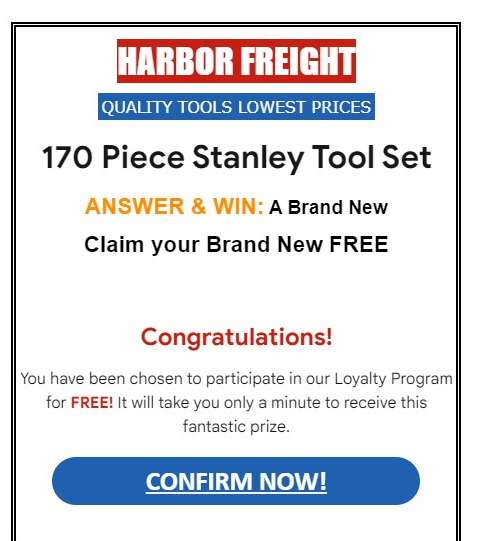 scam email that promises a 170-piece tool set