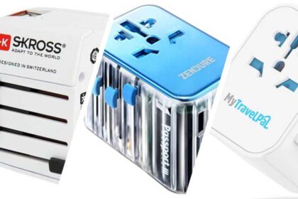 Three images of travel adapters